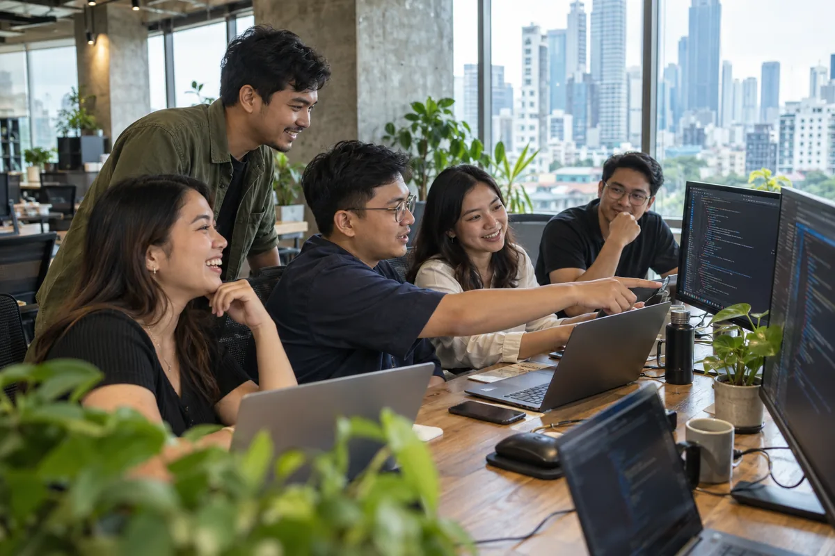 A team of developers working together in a bright Manila office